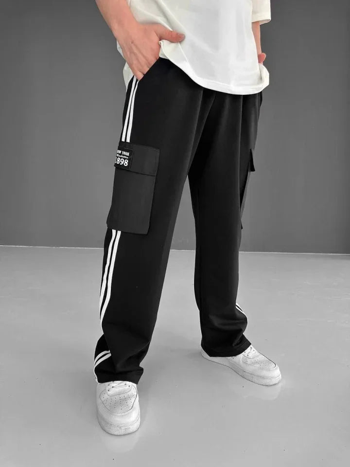 Double Yarn Fabric Cargo Pocket Striped Bottom Sweatpants - Black