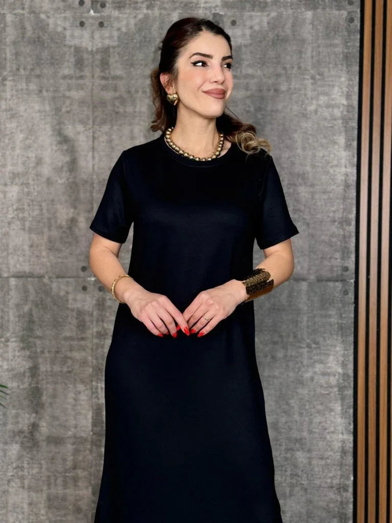 Women's Short Sleeve Crew Neck Slit Viscose Two Yarn Dress