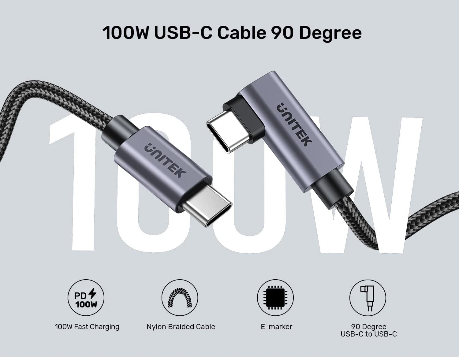 UNITEK TYPE-C HIZLI ŞARJ KABLOSU 90 DERECE 2 METRE 100W (C14123BK-2M)