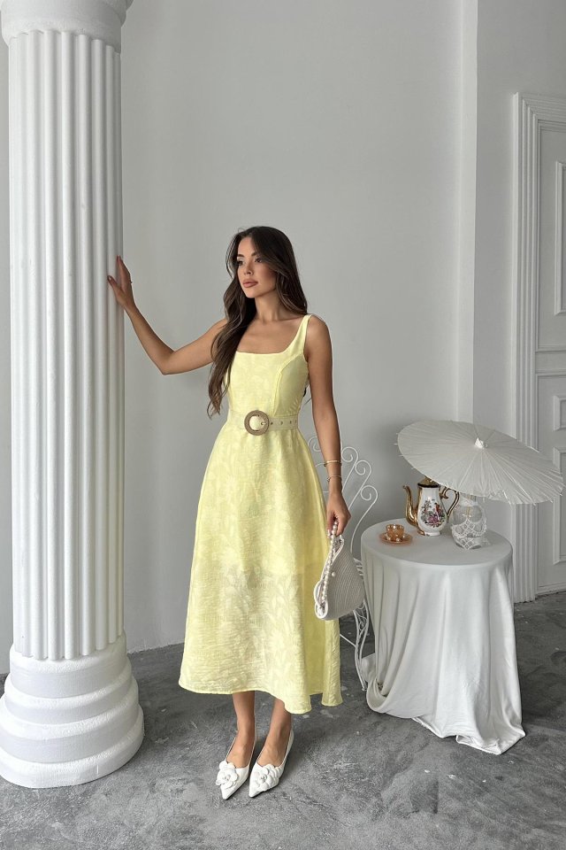 Sarı Kuplu Uzun Elbise