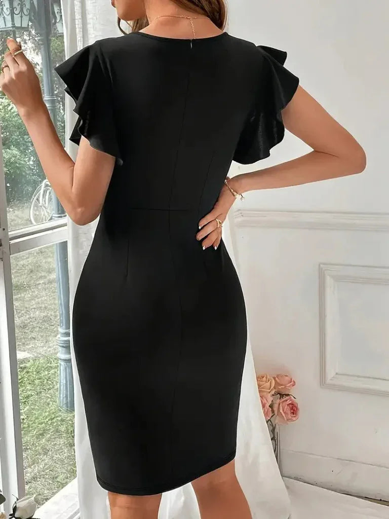 Kadın Kısa Kollu V Yakalı Kolları Volanlı Yandan Yırtmaçlı Kısa Janjan Krep Elbise