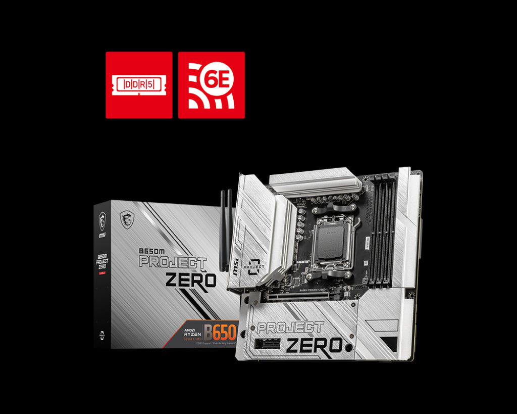 MSI B650M PROJECT ZERO AM5 DDR5 7600MHZ(OC) HDMI DP M.2 USB3.2 2.5G LAN WI-FI 6E mATX